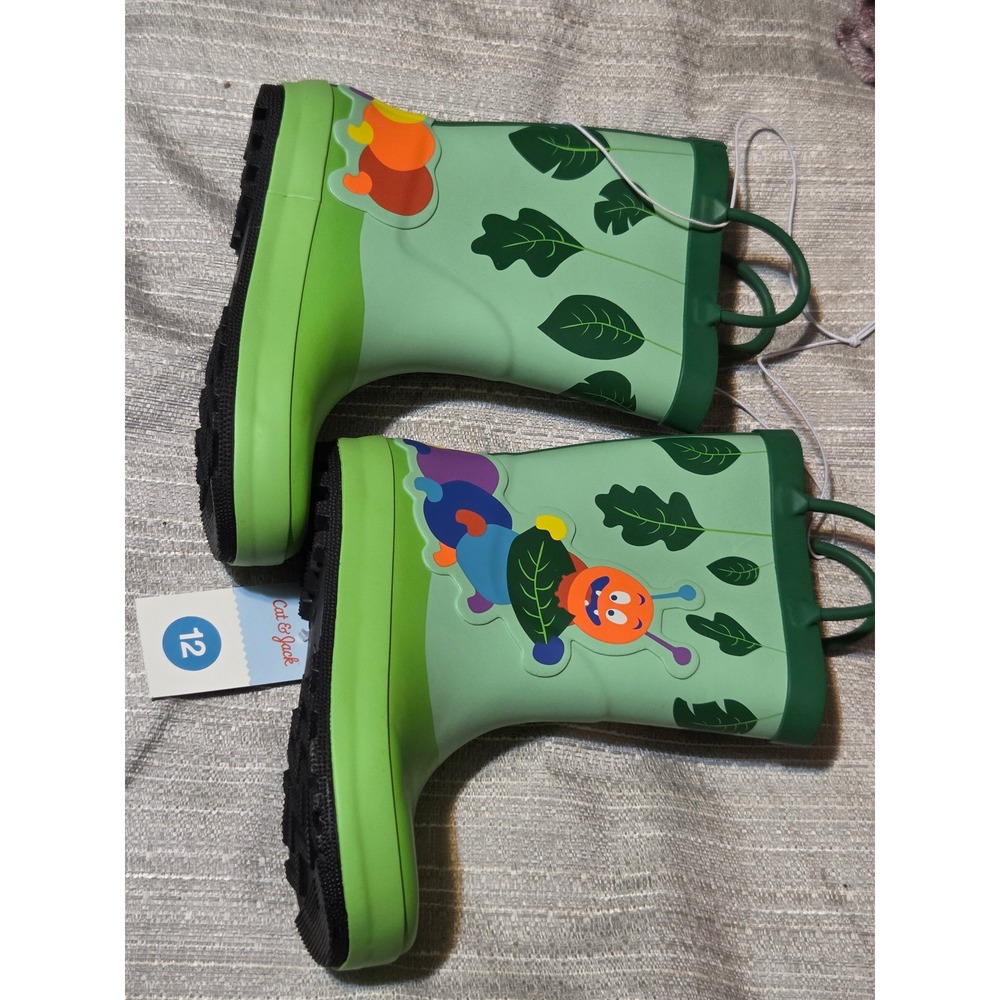 Cat & Jack Toddler Green Caterpillar Rain Boots Pull On Waterproof Size 12 NEW